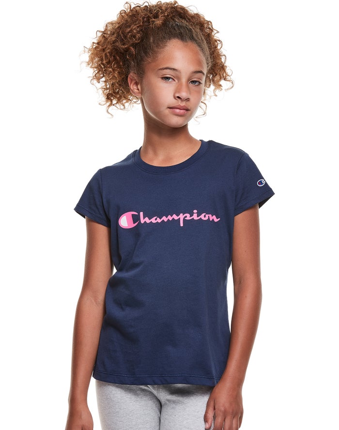 Champion Girls T-Shirt NZ - Classic Script Logo Navy ( 5193-HNGJY )